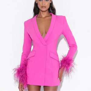 Miss Circle Madeline Fuchsia Feather Trim Blazer Dress Barbiecore Chic Size XXS
